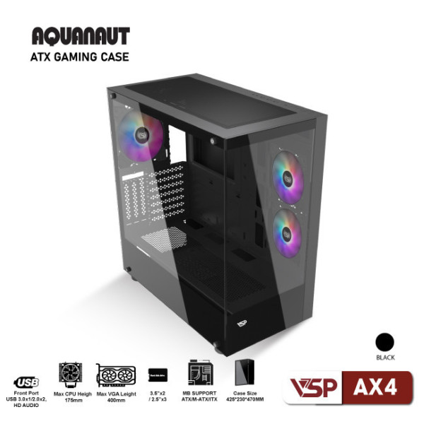 Vỏ Case Máy Tính Gaming Aquanaut AX4 2 mặt kính - Đen
