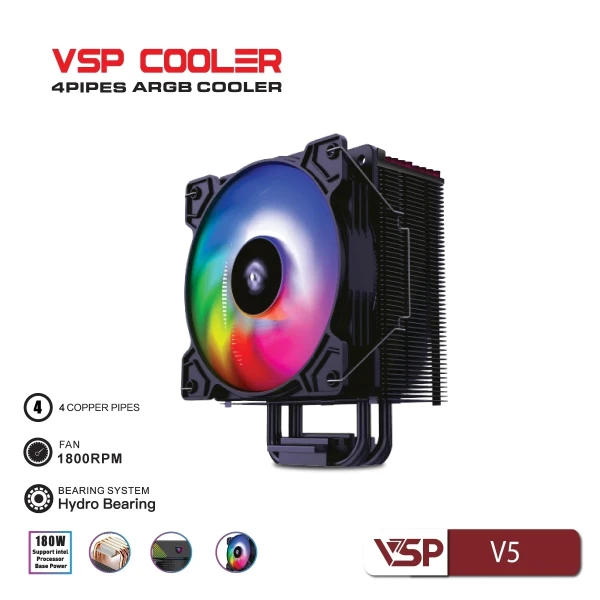 Tản Nhiệt Khí VSP Cooler V5 Đen (ARGB / 4 Ống Đồng / Fan PWM 120mm / TDP 180W)