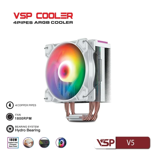 Tản Nhiệt Khí VSP Cooler V5 Trắng (ARGB / 4 Ống Đồng / Fan PWM 120mm / TDP 180W)