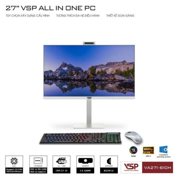 Máy tính để bàn VSP All in One VA271-610H (Trắng/27inch/FHD 1920x1080/60Hz)