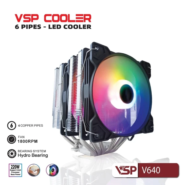 Tản Nhiệt Khí VSP Cooler V640 (6 Ống Đồng / Tháp Đôi / Dual Fan RGB / TDP 220W)
