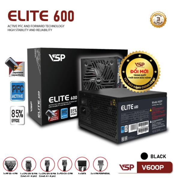 Bộ nguồn công suất thực VSP Elite Active PFC V600P - Đen