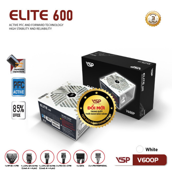 Bộ nguồn công suất thực VSP Elite V600P Trắng (600W / Active PFC / OCP/OPP/SCP)