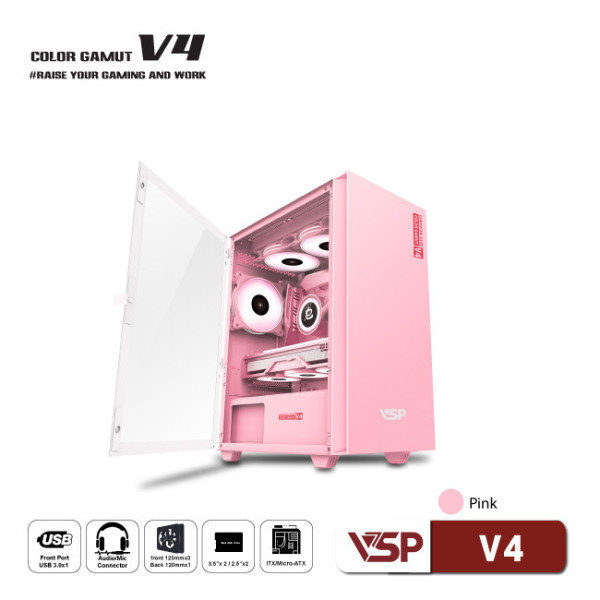 Vỏ Case máy tính VSP V4 - Trắng Hồng Xanh