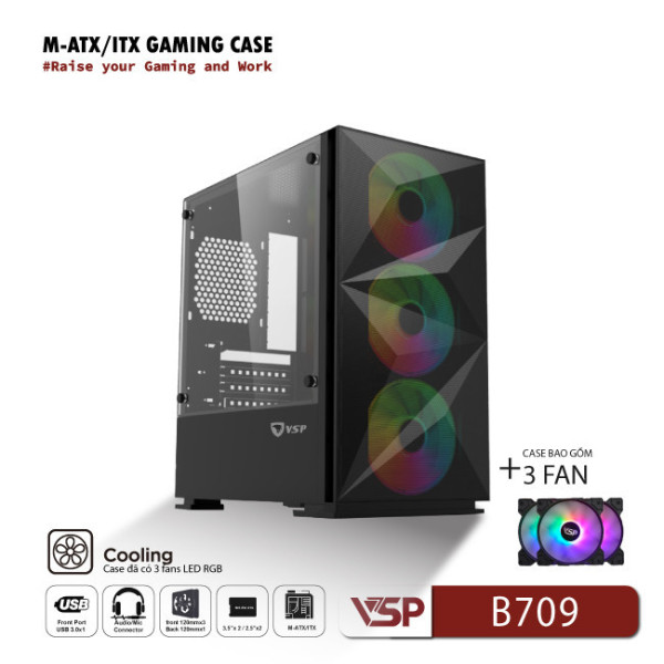Vỏ Case Máy Tính VSP Gaming Mid Tower B709 - Đen + 3 Fans Led