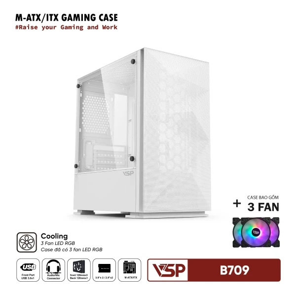 Vỏ Case Máy Tính VSP Gaming B709 Trắng (Micro-ATX / Kính Cường Lực / Tặng Kèm 3 Fan LED RGB)