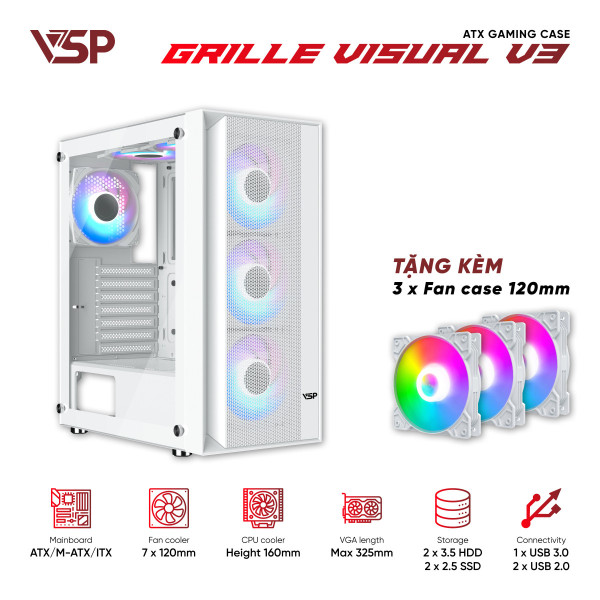 Vỏ Case Máy Tính VSP V3 Trắng (ATX / Kính Cường Lực / Tặng Kèm 3 Fan LED)