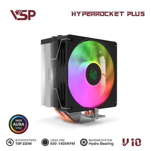 Tản Nhiệt Khí VSP V10 HYPERROCKET PLUS Đen (LED ARGB / 4 Ống Đồng / PWM 120mm / TDP 220W)