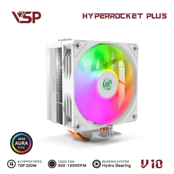 Tản Nhiệt Khí VSP V10 HYPERROCKET PLUS Trắng (LED ARGB / 4 Ống Đồng / PWM 120mm / TDP 220W)