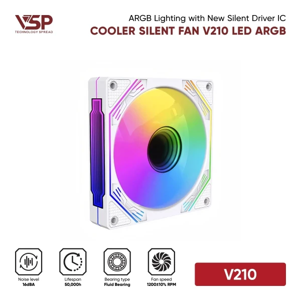 Quạt Tản Nhiệt VSP V210 Performance White (Cooler Silent / ARGB / FDB Bearing)