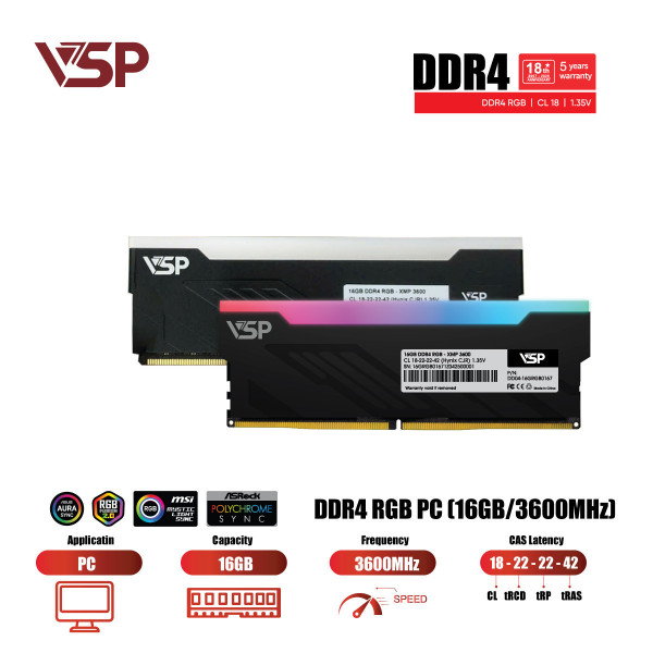 RAM PC VSP LED RGB DDR4 RGB 16GB - 3600MHz- Đen