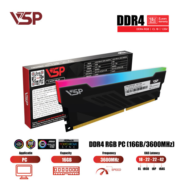Bộ Nhớ RAM VSP 16GB DDR4 3600MHz LED RGB (Tản Nhiệt Đen / Chip SK Hynix CJR / CL18)