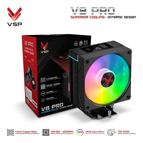 Tản Nhiệt Khí VSP V8 Pro Black (LED Monitor / ARGB / 4 Pipes / 1 Fan / 240W)