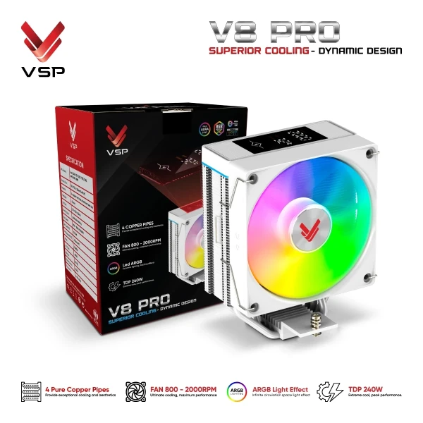 Tản Nhiệt Khí VSP V8 Pro White (LED Monitor / ARGB / 4 Pipes / 1 Fan / 240W)