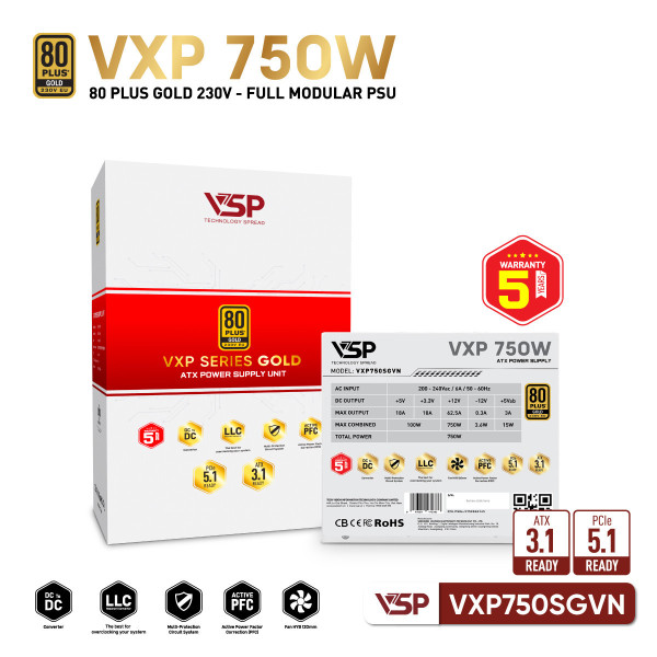 Bộ nguồn VSP VXP750SGVN - 80 Plus Gold - 750W - Full modular - White