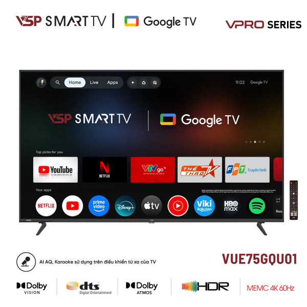 Smart Tivi VSP VUE75GQU01 (75inch / 4K / 60Hz / HDR / DTS / Internet / DVB-T2 / RAM 2GB / Lưu trữ 16GB)