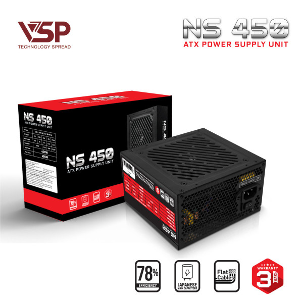 Bộ Nguồn Máy Tính VSP NS450 Đen (450W / 78% Efficiency / Flat Cable)