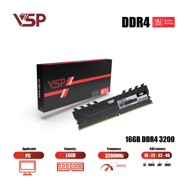 Bộ Nhớ RAM VSP 16GB DDR4 3200MHz (Tản Nhiệt Đen / CL16 / 1.2V)