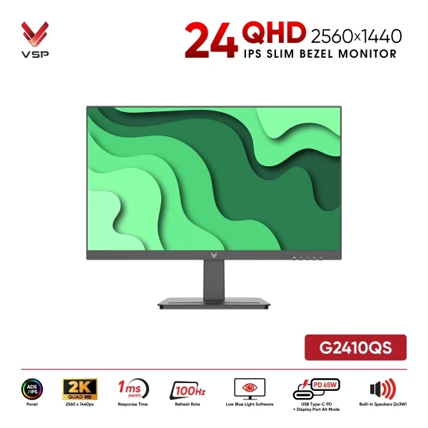 Màn Hình VSP G2410QS (24inch / 2K QHD / IPS / 100Hz / Type-C PD 65W / Loa kép)