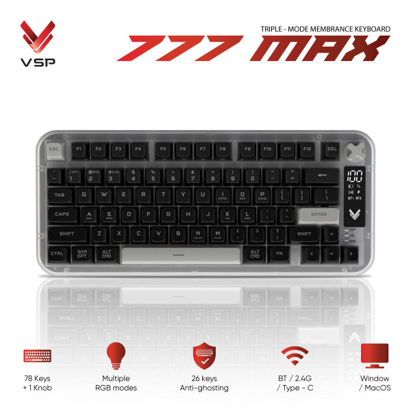 Bàn Phím Không Dây 3 Chế Độ VSP 777MAX Black (Membrane / 78 Phím / Màn Hình Digital / RGB / 4000mAh)