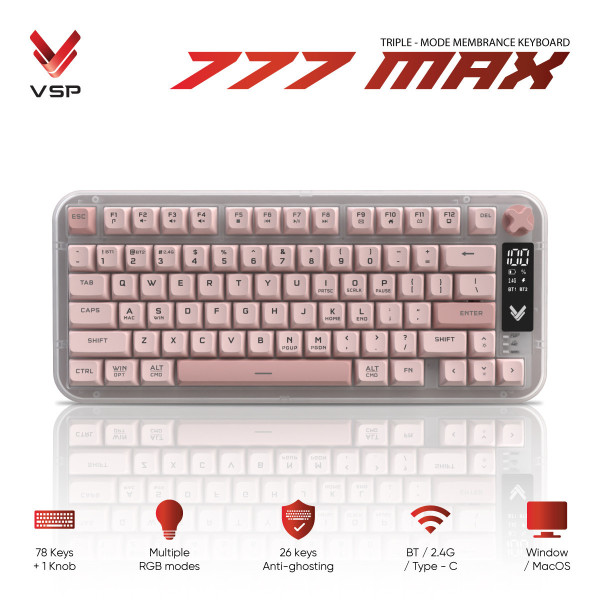 Bàn Phím Không Dây 3 Chế Độ VSP 777MAX Pink (Membrane / 78 Phím / Màn Hình Digital / RGB / 4000mAh)