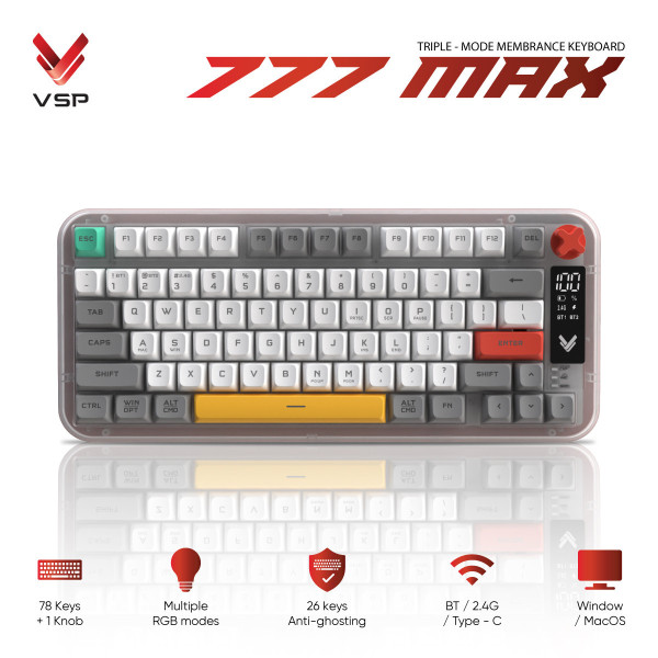 Bàn Phím Không Dây 3 Chế Độ VSP 777MAX White (Membrane / 78 Phím / Màn Hình Digital / RGB / 4000mAh)
