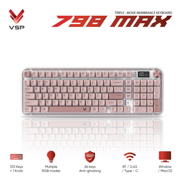 Bàn Phím Không Dây 3 Chế Độ VSP 798MAX Pink (Membrane / 103 Phím / Màn Hình Digital / RGB / 4000mAh)