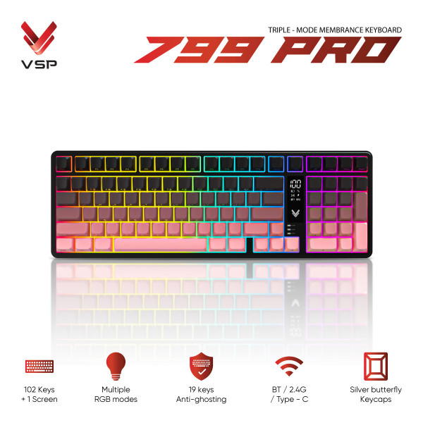 Bàn Phím Không Dây 3 Chế Độ VSP 799PRO Pink Gradient (Membrane / 102 Phím / Màn Hình Digital / RGB / 4000mAh)