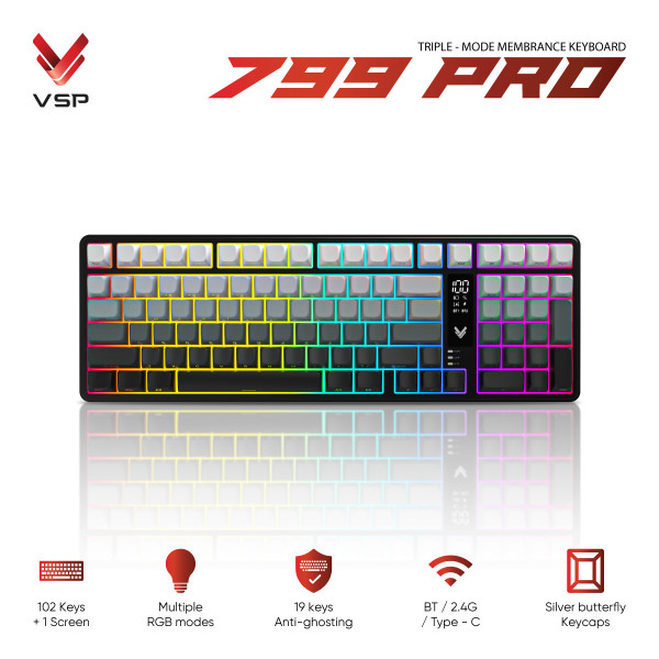 Bàn Phím Không Dây 3 Chế Độ VSP 799PRO White Gradient (Membrane / 102 Phím / Màn Hình Digital / RGB / 4000mAh)