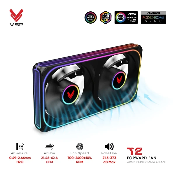 Quạt Tản Nhiệt VSP T2 Forward Fan Đen (ARGB Infinity Mirror / Fan Đôi Liền Khối)