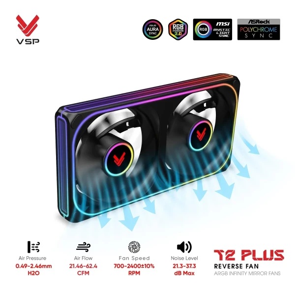 Quạt Tản Nhiệt VSP T2 PLUS Reverse Fan Đen (ARGB Infinity Mirror / Fan Đôi Cánh Ngược)