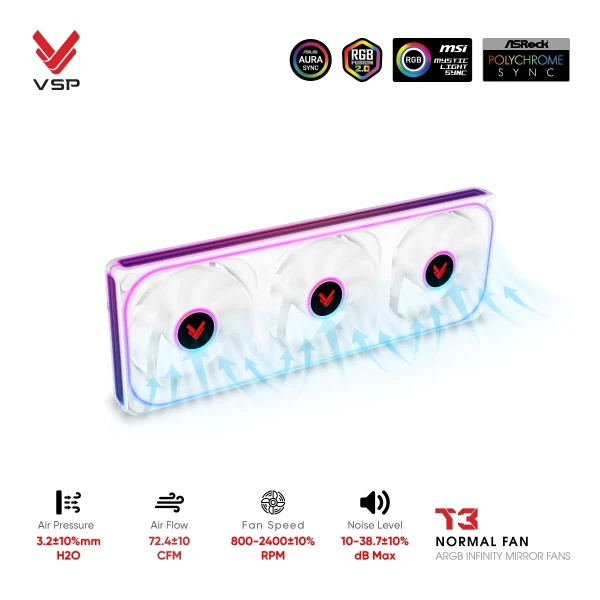 Quạt Tản Nhiệt VSP T3 Normal Fan Trắng (ARGB Infinity Mirror / Fan 3 Liền Khối)