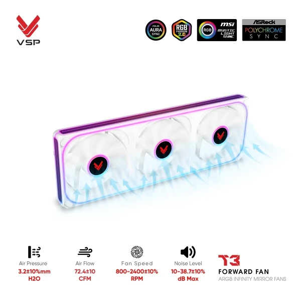 Quạt Tản Nhiệt VSP T3 Forward Fan Trắng (ARGB Infinity Mirror / Fan 3 Liền Khối)