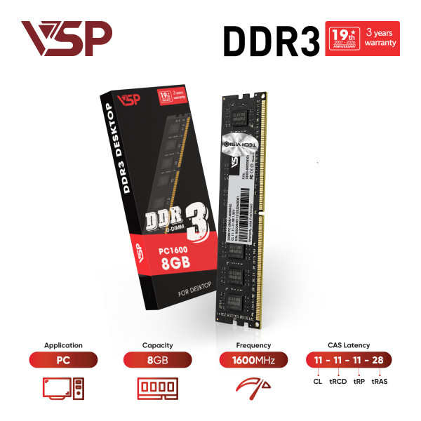 Bộ Nhớ Ram VSP 8GB DDR3 1600MHz (Mạch Đen / CL11 / 1.35V)