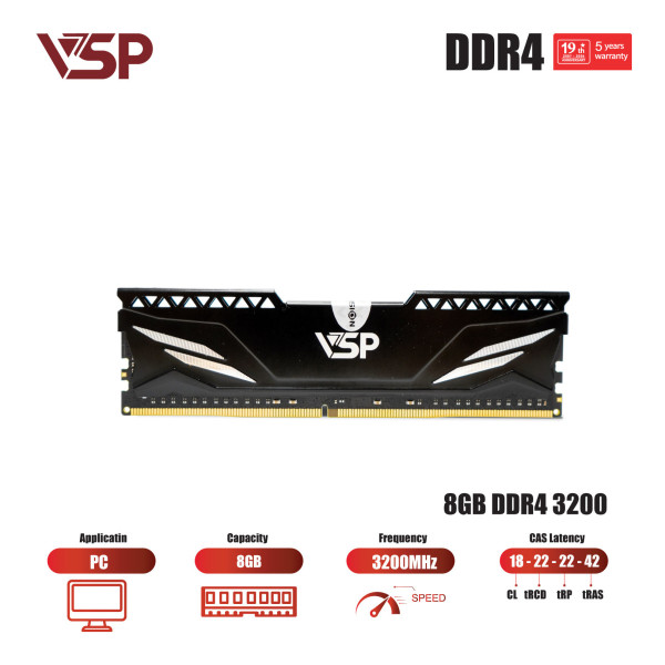 Bộ Nhớ RAM VSP 8GB DDR4 3200MHz (PC Desktop / Tản Nhiệt Nhôm Đen)