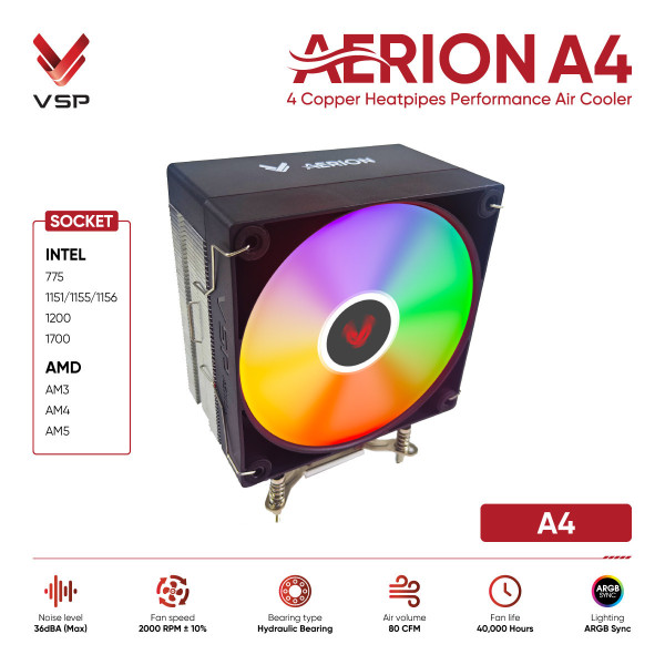 Tản Nhiệt Khí VSP AERION A4 Đen (4 Ống Đồng / ARGB Sync / TDP 200W)