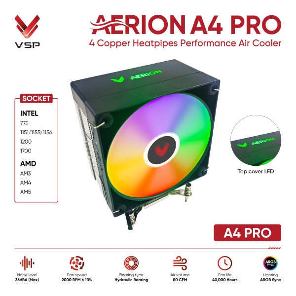 Tản Nhiệt Khí VSP AERION A4 PRO Đen (4 Ống Đồng / Top Cover LED / ARGB Sync / TDP 200W)