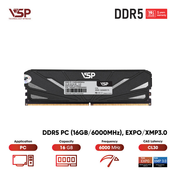 Bộ Nhớ RAM VSP 16GB DDR5 6000MHz (PC Desktop / Tản Nhiệt Nhôm / EXPO & XMP 3.0 / CL30)