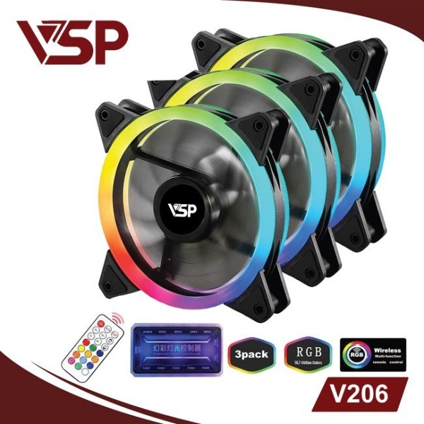 Combo bộ 3 Fan led RGB 2 mặt VSP V206 + Hub + Remote