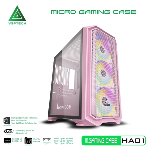 Vỏ Case Máy Tính VSPTECH Gaming HA01 - Hồng