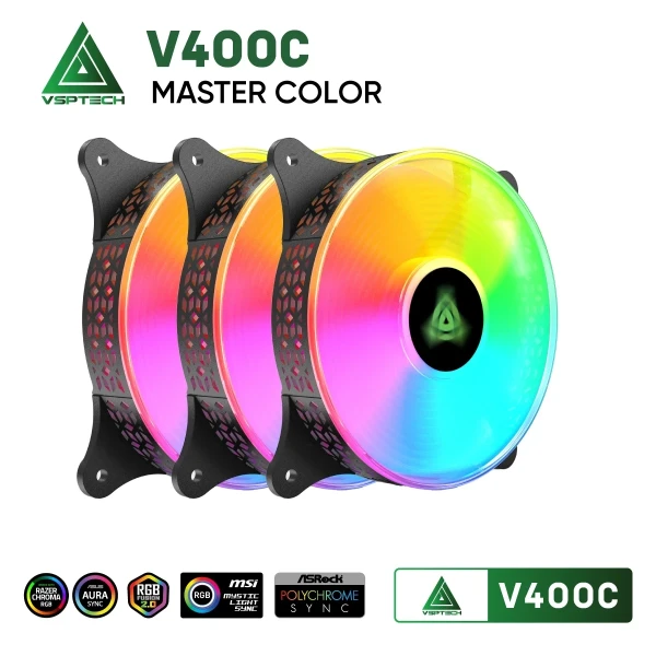 Combo Kit 3 Quạt Tản Nhiệt VSPTECH V400C Đen (LED RGB / FDB Bearing / Kèm Hub & Remote)
