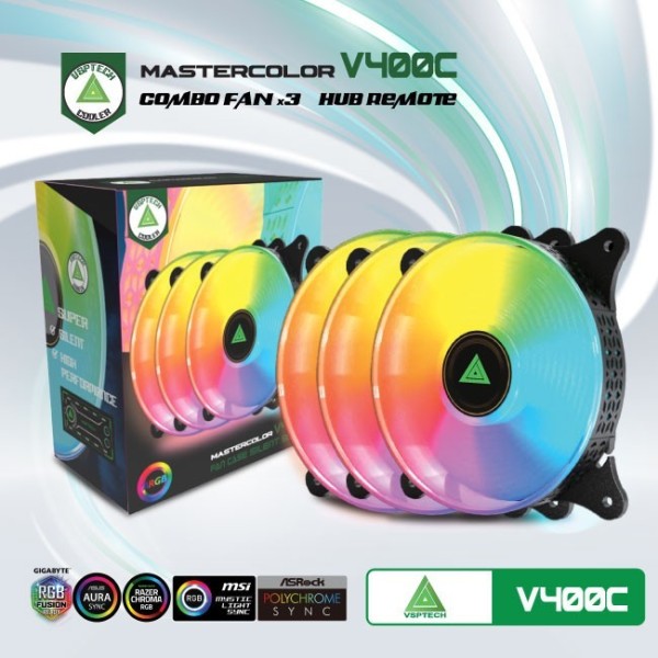 Combo quạt tản nhiệt + Hub VSPTECH LED RGB V400C x3 fan
