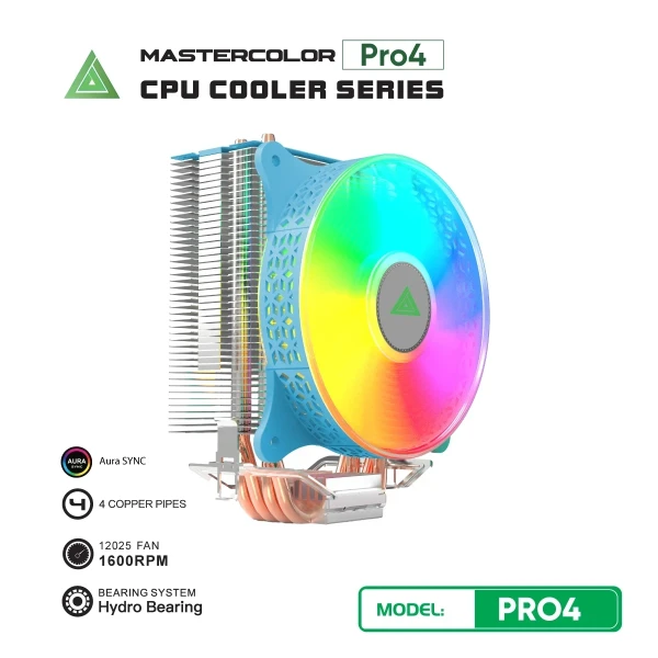 Tản Nhiệt Khí VSPTECH MASTERCOLOR PRO4 Xanh (ARGB Aura Sync / 4 Ống Đồng / Fan 120mm / TDP 150W)