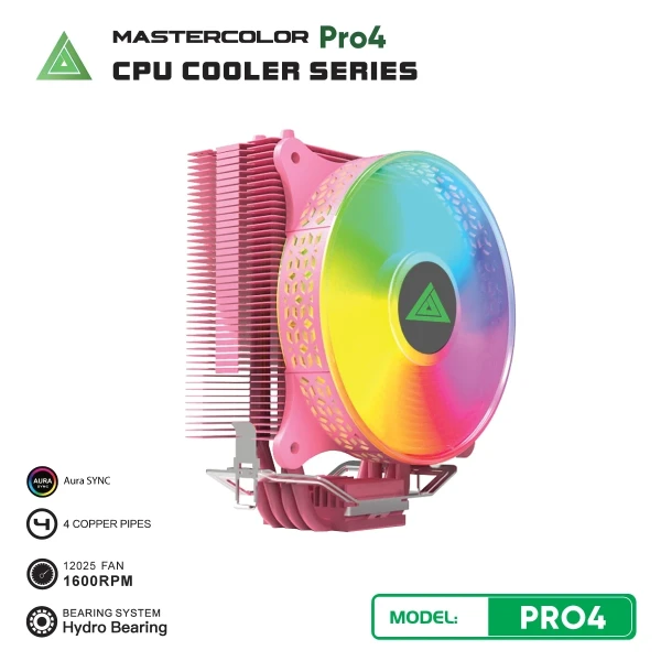Tản Nhiệt Khí VSPTECH MASTERCOLOR PRO4 Hồng (ARGB Aura Sync / 4 Ống Đồng / Fan 120mm / TDP 150W)