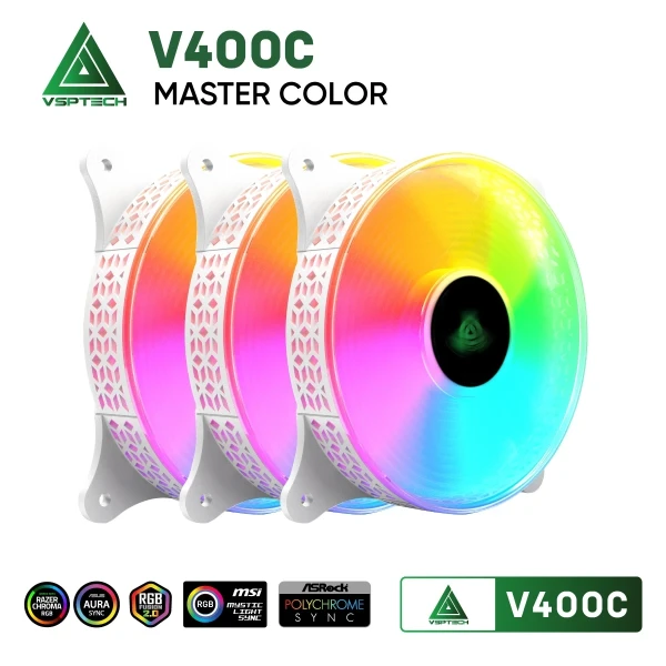 Combo Kit 3 Quạt Tản Nhiệt VSPTECH V400C Trắng (LED RGB / FDB Bearing / Kèm Hub & Remote)