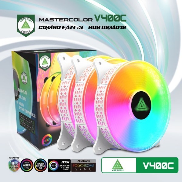 Combo quạt tản nhiệt + Hub VSPTECH LED RGB V400C x3 fan - Trắng