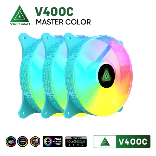 Combo Kit 3 Quạt Tản Nhiệt VSPTECH V400C Xanh (LED RGB / FDB Bearing / Kèm Hub & Remote)