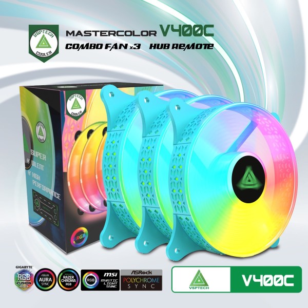 Combo quạt tản nhiệt + Hub VSPTECH LED RGB V400C x3 fan - Xanh