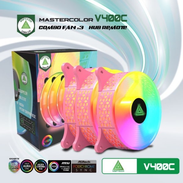 Combo quạt tản nhiệt + Hub VSPTECH LED RGB V400C x3 fan - Hồng