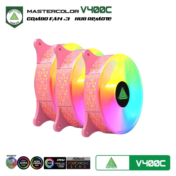 Combo Kit 3 Quạt Tản Nhiệt VSPTECH V400C Hồng (LED RGB / FDB Bearing / Kèm Hub & Remote)